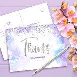 Bat Mitzvah Silver Script Purple Watercolor Thanks Postcard<br><div class="desc">Make sure your favourite Bat Mitzvah shows her appreciation to all who supported her milestone event! Send out this stunning, modern, sparkly silver faux foil handwritten script and tiny dots overlaying a light purple watercolor background, personalized thank you postcard. On the front, personalize with your Bat Mitzvah’s name. Add a...</div>