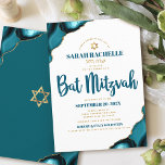 Bat Mitzvah Simple Modern Turquoise Agate Script Invitation<br><div class="desc">Be proud, rejoice and showcase this milestone of your favourite Bat Mitzvah! Send out this cool, unique, modern, personalized, Hebrew name invitation for an event to remember. Dark teal blue script typography and faux gold Star of David overlay simple, clean white background with turquoise blue agate accented with faux gold...</div>