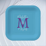 Bat Mitzvah Sky Blue Purple White Name Monogram Paper Plate<br><div class="desc">What a wonderful,  personalized paper plate for a Bat / Bas Mitzvah Party Reception.  Background is sky blue,  monogram is purple,  name is white.  Choose square or round.  All Rights Reserved © 2024 Alan & Marcia Socolik.</div>