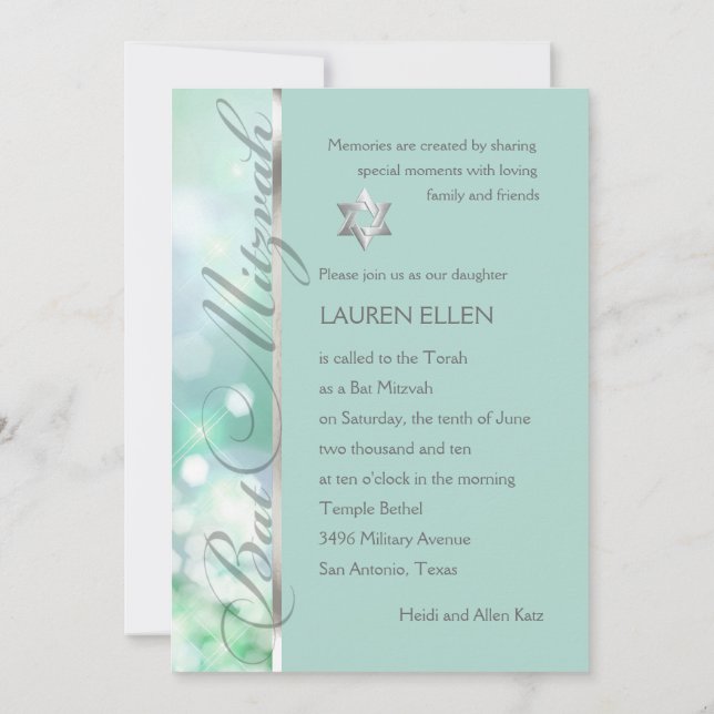 Bat Mitzvah Sparkle Lights Aqua Invitation (Back)
