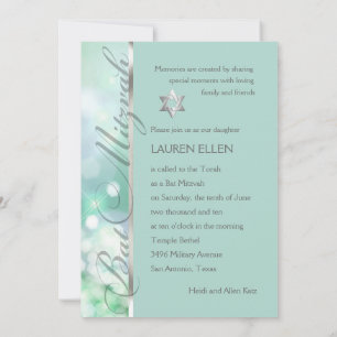 Bat Mitzvah Sparkle Lights Aqua Invitation
