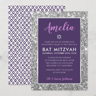 BAT MITZVAH star cool tween purple silver invite