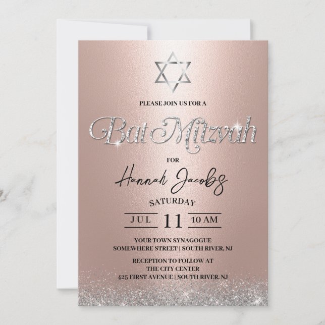 Bat Mitzvah Star of David Modern Rose Gold Jewish Invitation (Front)