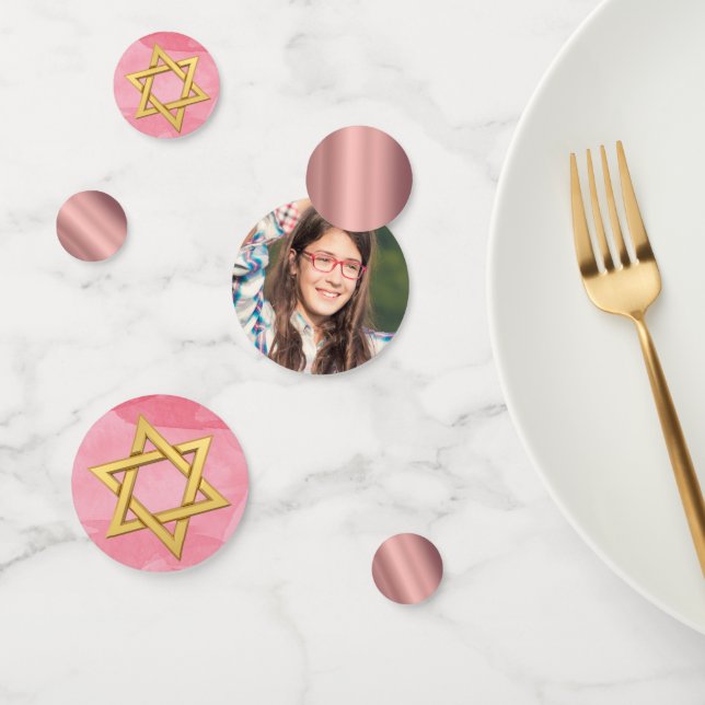 Bat Mitzvah Star of David Pink Gold Photo Jewish Confetti (Group)