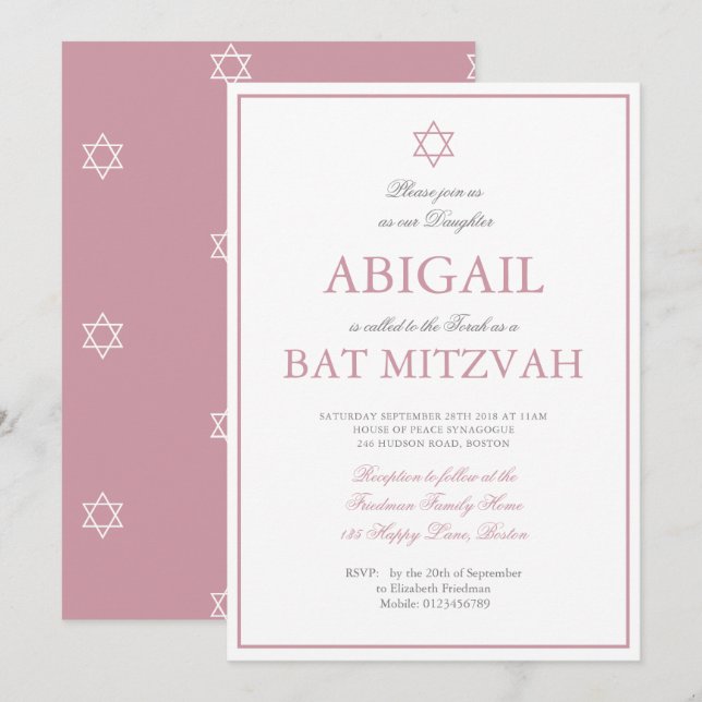 Bat Mitzvah Star of David Pink Hebrew Jewish Invitation (Front/Back)