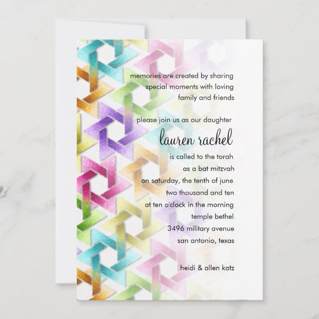 Bat Mitzvah Star of David Rainbow Damask Invitation (Front)