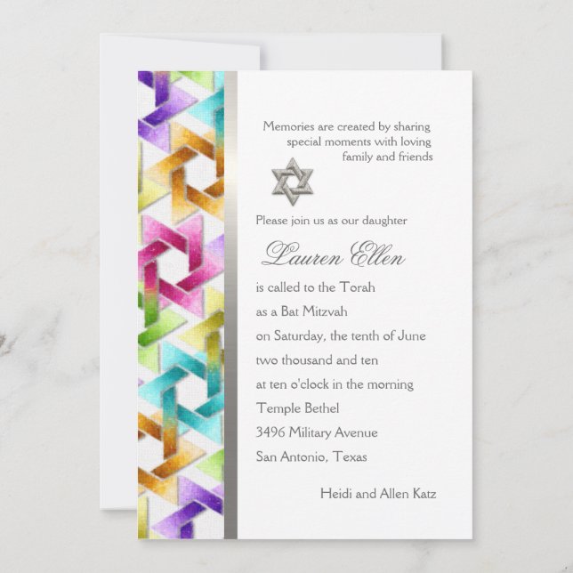 Bat Mitzvah Star of David Rainbow Damask Invitation (Back)