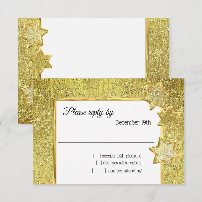 Bat Mitzvah Stars Gold Glitter RSVP Invitation (Front/Back)