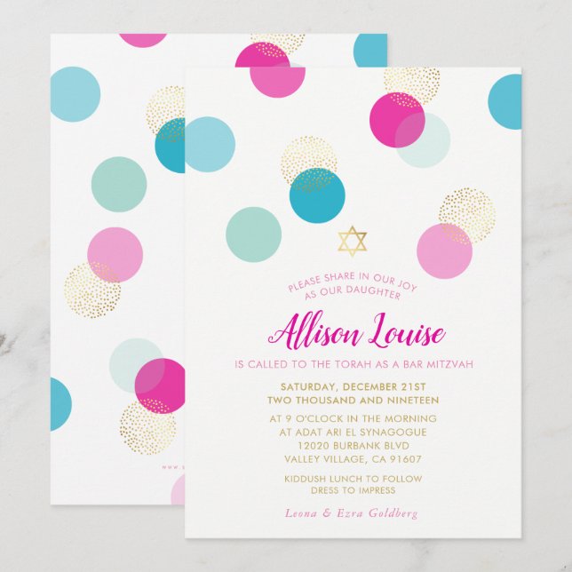 BAT MITZVAH stylish confetti spot gold pink mint Invitation (Front/Back)