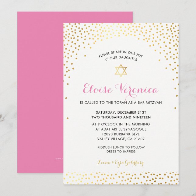 BAT MITZVAH stylish mini confetti spot gold pink Invitation (Front/Back)