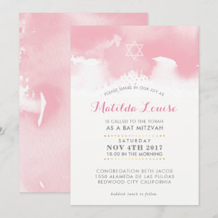 BAT MITZVAH stylish pale pink watercolor invite