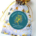 Bat Mitzvah Teal Blue Gold Foil Tree of Life Chic Classic Round Sticker<br><div class="desc">Be proud, rejoice and showcase this milestone of your favourite Bat Mitzvah! Use this fun, sophisticated, personalized sticker to add to her special day. A stunning, graphic faux gold foil tree with sparkly turquoise, teal, purple and blue Star of David and dot “leaves” overlays a rich, dark teal blue background....</div>