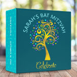 Bat Mitzvah Teal Blue Gold Tree of Life Keepsake Binder<br><div class="desc">Let your favourite Bat Mitzvah be proud, rejoice and celebrate her milestone with this stunning keepsake scrapbook memory album. This graphic faux gold foil tree with sparkly turquoise, teal, purple and blue Star of David and dot “leaves” overlays a rich, dark teal blue background. A tiny, teal blue Star of...</div>