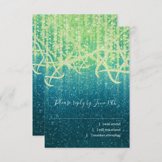 Bat Mitzvah Teal Blue Lime Extra Sparkly RSVP Card (Front/Back)