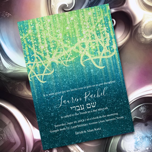 Bat Mitzvah Teal Blue Lime Green Extra Sparkly Invitation (Creator Uploaded)