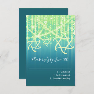 Bat Mitzvah Teal Blue Lime Sparkly Lights RSVP Card