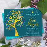 Bat Mitzvah Teal Gold Foil Script Tree of Life Invitation<br><div class="desc">Be proud, rejoice and showcase this milestone of your favourite Bat Mitzvah! This graphic faux gold foil tree with sparkly turquoise, teal, purple and blue Star of David and dot “leaves” on a rich, dark teal blue background is the perfect invitation for this special occasion. A tiny, teal blue Star...</div>