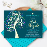 Bat Mitzvah Teal Tree of Life Script Real Gold<br><div class="desc">Be proud, rejoice and showcase this milestone of your favourite Bat Mitzvah! This graphic real gold foil tree with sparkly turquoise, teal, purple and blue Star of David and dot “leaves” on a rich dark teal blue background is the perfect invitation for this special occasion. A tiny, teal blue Star...</div>