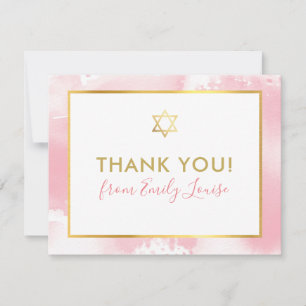 BAT MITZVAH thank you gold star pink watercolor Card