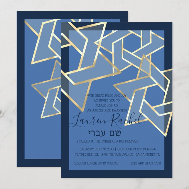 Bat Mitzvah Transparent Gold Star of David Invitation (Front/Back)