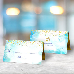 Bat Mitzvah Trendy Gold Dots Turquoise Watercolor Place Card