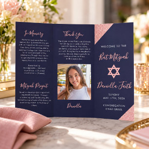 Bat Mitzvah Tri-Fold Program Navy Rose Gold Flyer