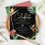 Bat Mitzvah Tropical Black Gold Floral Watercolor Enclosure Card<br><div class="desc">Be proud, rejoice and showcase this milestone of your favourite Bat Mitzvah! Include this modern, sophisticated, personalized insert for additional information to your event. Stylish, stunning, colourful, tropical watercolor birds of paradise flowers, faux gold handwritten script, Star of David and glitter dots, along with modern sans serif type, overlay a...</div>