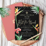 Bat Mitzvah Tropical Black Gold Floral Watercolor Invitation<br><div class="desc">Be proud, rejoice and showcase this milestone of your favourite Bat Mitzvah with this sophisticated, personalized invitation! Stylish, stunning, colourful, tropical watercolor birds of paradise flowers, faux gold handwritten script, Star of David and glitter dots, along with modern sans serif type, overlay a dramatic, black background. Additional watercolor palm leaves...</div>