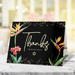 Bat Mitzvah Tropical Floral Watercolor Black Gold Thank You Card<br><div class="desc">Make sure your favourite Bat Mitzvah shows her appreciation to all who supported her milestone event! Send out this sophisticated, personalized thank you card! Stylish, stunning, colourful, tropical watercolor birds of paradise flowers, faux gold handwritten script, Star of David and glitter dots, along with white modern sans serif type, overlay...</div>