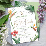 Bat Mitzvah Tropical Floral Watercolor Gold Script Invitation<br><div class="desc">Be proud, rejoice and showcase this milestone of your favourite Bat Mitzvah with this sophisticated, personalized invitation! Stylish, stunning, colourful, tropical watercolor birds of paradise flowers, faux gold handwritten script, Star of David and glitter dots, along with green and grey modern sans serif type, overlay a white background. Additional watercolor...</div>