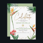 Bat Mitzvah Tropical Gold Script Floral Watercolor Enclosure Card<br><div class="desc">Be proud, rejoice and showcase this milestone of your favourite Bat Mitzvah! Include this modern, sparkly, personalized insert for additional information to your event. Stylish, stunning, colourful, tropical watercolor birds of paradise flowers, faux gold handwritten script, Star of David and glitter dots, along with green and grey modern sans serif...</div>
