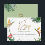Bat Mitzvah Tropical Gold Script Floral Watercolor RSVP Card<br><div class="desc">Be proud, rejoice and celebrate this milestone of your favourite Bat Mitzvah with this sophisticated, personalized RSVP insert card for your event! Stylish, stunning, colourful, tropical watercolor birds of paradise flowers, faux gold handwritten script, Star of David and glitter dots, along with green and grey modern sans serif type, overlay...</div>
