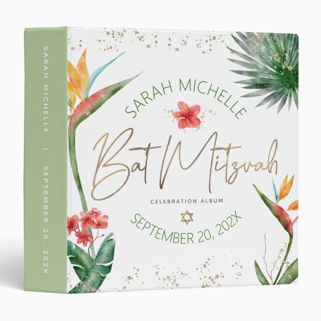 Bat Mitzvah Tropical Palm Green Gold Script Chic Binder (Front/Spine)