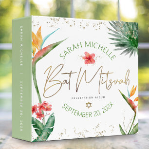 Bat Mitzvah Tropical Palm Green Gold Script Chic Binder