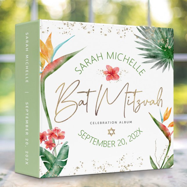 Bat Mitzvah Tropical Palm Green Gold Script Chic Binder (Creator Uploaded)