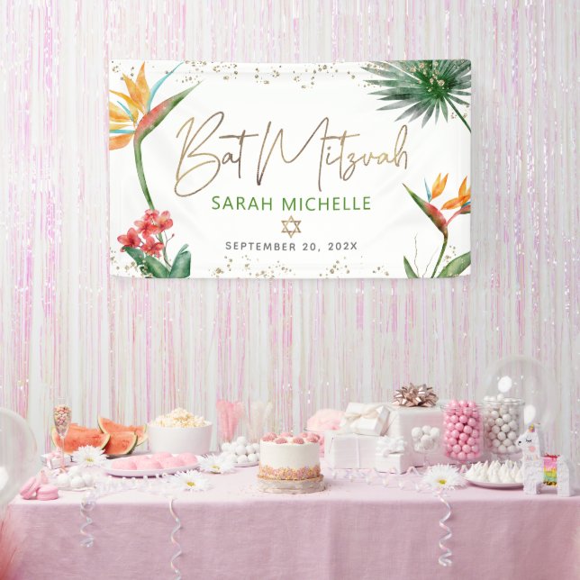 Bat Mitzvah Tropical Palm Leaf Gold Script Welcome Banner (Party)