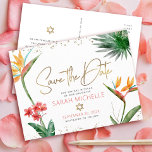 Bat Mitzvah Tropical Save Date Floral Gold Script Invitation Postcard<br><div class="desc">Make sure all your friends and relatives will be able to celebrate your daughter’s milestone Bat Mitzvah! Send out this chic, personalized “Save the Date” announcement postcard. Stylish, stunning, colourful, tropical watercolor birds of paradise flowers, faux gold handwritten script, Star of David and glitter dots, along with rose pink and...</div>