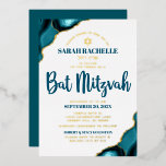 Bat Mitzvah Turquoise Agate Bold Script Real Gold<br><div class="desc">Be proud, rejoice and showcase this milestone of your favourite Bat Mitzvah! Send out this cool, unique, modern, personalized, Hebrew name real gold foil invitation for an event to remember. Dark teal blue script typography, real gold foil sans serif typography, and a real foil gold Star of David overlay a...</div>