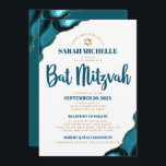 Bat Mitzvah Turquoise Agate Modern Simple Script Invitation<br><div class="desc">Be proud, rejoice and showcase this milestone of your favourite Bat Mitzvah! Send out this cool, unique, modern, personalized invitation for an event to remember. Dark teal blue script typography and faux gold Star of David overlay simple, clean white background with turquoise blue agate accented with faux gold veins. Personalize...</div>
