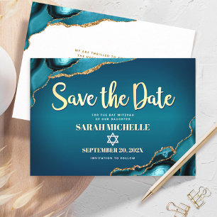 Bat Mitzvah Turquoise Agate Ombre Gold Script Chic Save The Date