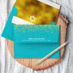 Bat Mitzvah Turquoise and Gold Foil Return Address Envelope<br><div class="desc">Open up this light turquoise envelope and you’ll find a surprise, graphic visual of a white Star of David against a background of sparkly gold faux foil. The custom, pre-addressed, return address side is also sprinkled with gold faux glitter dots. Celebrate this milestone of your favourite Bat Mitzvah whenever you...</div>