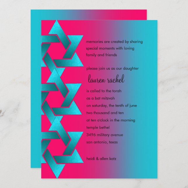 Bat Mitzvah Turquoise and Pink Ombre Star of David Invitation (Front/Back)