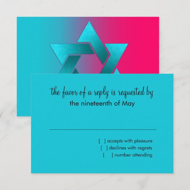 Bat Mitzvah Turquoise and Pink Ombre Star of David RSVP Card (Front/Back)