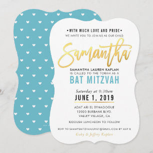BAT MITZVAH turquoise blue gold script SAMANTHA Invitation