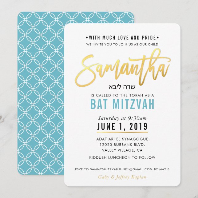 BAT MITZVAH turquoise blue gold script SAMANTHA Invitation (Front/Back)