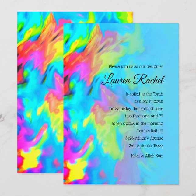 Bat Mitzvah Turquoise Blue Lime Pink Tie Dye Invitation (Front/Back)