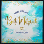 Bat Mitzvah Turquoise Gold Script Challah Cover Napkin<br><div class="desc">Here’s a great addition to your Bat Mitzvah festivity. Celebrate with this stunning, modern, stylish personalized challah cover cloth napkin to add to her special day. Sparkly, faux gold foil calligraphy script and glitter dots overlay a soft turquoise blue watercolor background. Personalize the custom text with your Bat Mitzvah’s name...</div>
