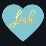 BAT MITZVAH turquoise gold script name LEAH Heart Sticker<br><div class="desc">by kat massard >>> WWW.SIMPLYSWEETPAPERIE.COM <<< *** NOTE - THE SHINY GOLD FOIL EFFECT IS A PRINTED PICTURE *** - - - - - - - - - - - CONTACT ME for custom "faux gold foil effect type" Love the design, but would like to see some changes - another...</div>