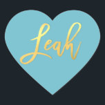 BAT MITZVAH turquoise gold script name LEAH Heart Sticker<br><div class="desc">by kat massard >>> WWW.SIMPLYSWEETPAPERIE.COM <<< *** NOTE - THE SHINY GOLD FOIL EFFECT IS A PRINTED PICTURE *** - - - - - - - - - - - CONTACT ME for custom "faux gold foil effect type" Love the design, but would like to see some changes - another...</div>