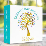 Bat Mitzvah Turquoise Gold Tree of Life Keepsake Binder<br><div class="desc">Let your favourite Bat Mitzvah be proud, rejoice and celebrate her milestone with this stunning keepsake scrapbook memory album. This graphic faux gold foil tree with sparkly turquoise, teal, purple and blue Star of David and dot “leaves” overlays a white background. A tiny, light turquoise blue Star of David pattern...</div>